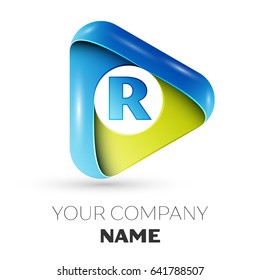 Letter R vector logo symbol in the colorful triangle on grey background. Vector template for your design