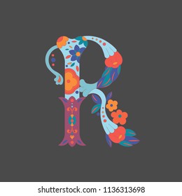 Letter "R" for very decocative alphabet for Day ot the Dead in Mexica, for piraten party or Halloween. It сonsists of a bone decorated with flowers situated on the dark backgroud