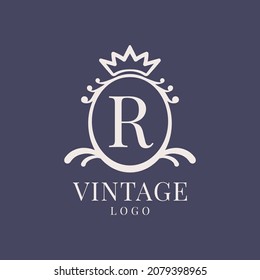 letter R vintage logo design for classic beauty product, rustic brand, wedding, spa, salon, hotel