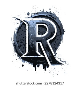 Letter R, Vintage Logo Icon, Paint and Brush Texture,Dirty Splat and Spray Texture,Metallic Drip in Modern Blue Texture