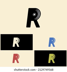 letter R and vinyl record combination logo in vintage style.