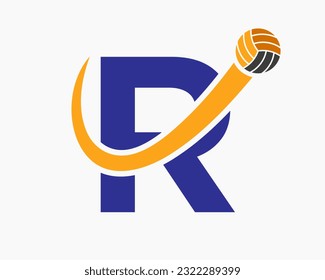 Letter R Volleyball Logo Concept With Moving Volley Ball Icon. Volleyball Sports Logotype Template