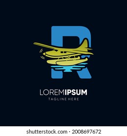 Letter R Water Plane Logo Design Vector Graphic Icon Emblem Illustration 