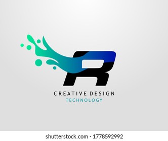 Letter R Water Splash Logo. Modern Techno Alphabet Splatter Icon, Template Design.
