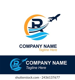 Letra R con logotipo de Onda y Avión Volador para Agencia de Viajes. Logotipo de diseño vectorial para etiqueta de transporte de viajes, turismo, publicidad de la compañía de vuelos