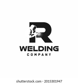 Letter R welding logo, welder silhouette working with weld helmet in simple and modern design style