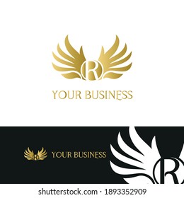 letter R and wings in luxury and elegant golden style logo design 