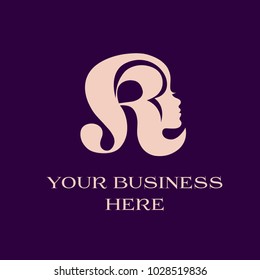 Letter R with woman portrait.Cosmetics and beauty salon typography icon.