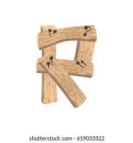 letter R wood board font. plank and nails alphabet. Lettering of boards. Country chipboard ABC