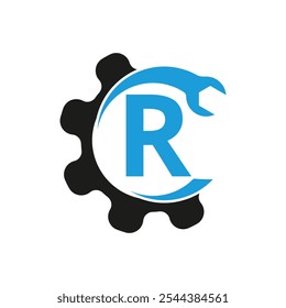 Letra R llave y engranaje Logo para mecánica, tecnología, servicio de reparación, negocio automotriz, Plantilla de Vector de Logo de reparación de construcción