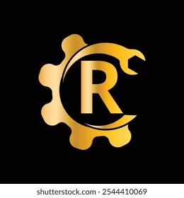 Letter R with wrench and Gear Logo for mechanical, technology, repair service, automotive business, Construction Repair Logo Vector Template