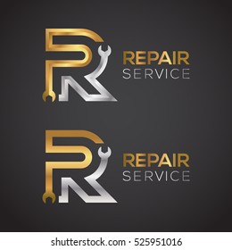 Letter R with wrench logo Gold and Silver color,Industrial,repair,tools,service and maintenance logo for corporate identity