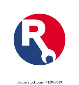 letter R and wrench symbol. logo vector.