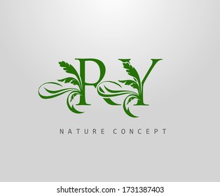 Letter R, Y and RY Green Leaf Logo Design. monogram logo. Simple Swirl Green Leaves Alphabet Icon.