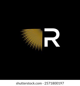 letter 'R' with yellow lines radiating from the left side against a black background