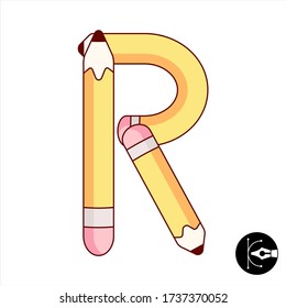 Letter R yellow pencil cartoon vector alphabet.