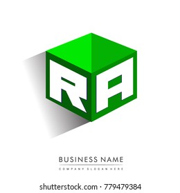 Letter RA logo in hexagon shape and green background, cube logo with letter design for company identity.
