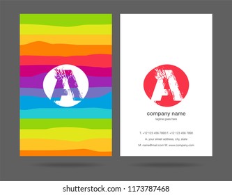 Letter A in rainbow or multicolour background, Splash brushed style letter with Business Card Template Vector.