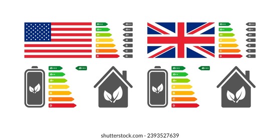 Letter rating icons. Flat, color, American, British national flag, battery letter rating, houses. Vector icons svg