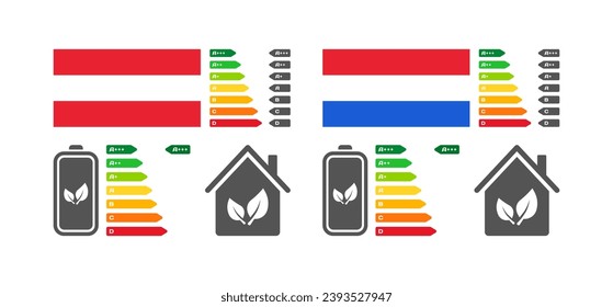 Letter rating icons. Flat, color, Austria, Netherlands national flag, battery letter rating, houses. Vector icons