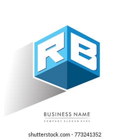 Letter RB logo in hexagon shape and blue background, cube logo with letter design for company identity.
