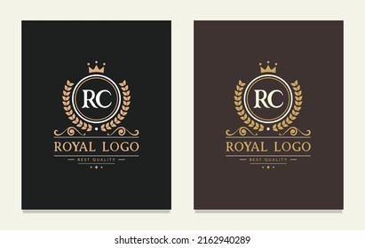 Letter RC crown monogram. Elegant logo and creative typography. The graceful vintage emblem for book design, brand name, business card, restaurant, boutique, hotel, cafe, badge, label. Vector symbol.