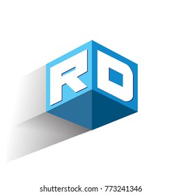 Letter RD logo in hexagon shape and blue background, cube logo with letter design for company identity.

