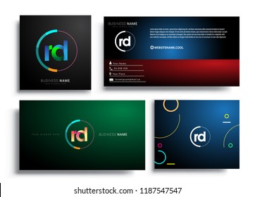 Letter RD logotype with colorful circle, letter combination logo design with ring, sets of business card for company identity, creative industry, web, isolated on white background.