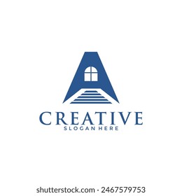 Letter A Real Estate Creative Logo. Construction Architecture Building with stairs and windows Logo Design Template