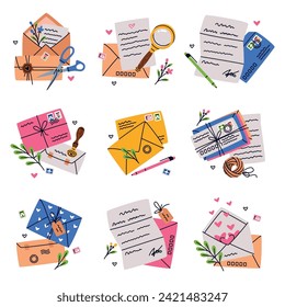 Recibir y enviar carta con un conjunto de vectores de estampado de sobres y de postas