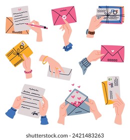 Recibir y enviar carta con un sobre de retención manual con conjunto de vectores de sello de Postage
