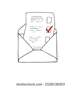Letra con marca de verificación roja en el Vector de sobre abierto Icono de línea de arte Boceto de tinta negra. Signo monocromo, símbolo de contorno de poste para la ilustración del día de las elecciones pintado con tintas negras. Para Sitios web, App, tiendas.