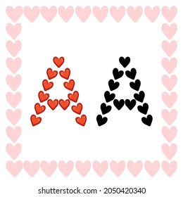 Letter A from red hearts and black shadow with love symbol. Festive font or decoration for valentine day, wedding, holiday and design