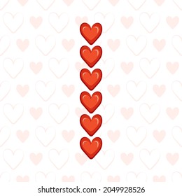 Letter I from red hearts on seamless pattern with love symbol. Festive font or decoration for valentine day, wedding, holiday and design