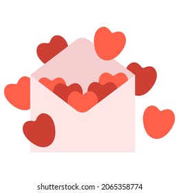 A letter with red hearts on a white background. Pink envelope. Confessions of love, sympathy, feelings. Love relationship. Virtual postcard. Wedding concept. Valentine's Day. Flat, simple style.