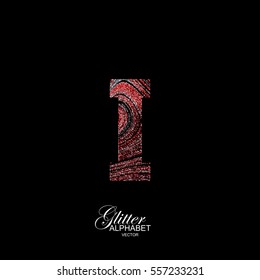 Letter I of red and silver glitters. Typographic vector element for design. Part of curly textured alphabet with shiny paillettes. Letter I with diffusion glitter swirly pattern. Vector illustration