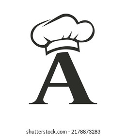 Letter A Restaurant Logo Concept with Chef Hat Vector Template. Restaurant Chef Hat Logo Symbol