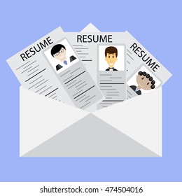 Letter to resume on job candidates. Choice and headhunting, research to summary, vector illustration