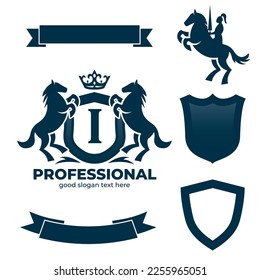 Letra i cremallera retro con escudo y dos vectores de caballos, escudo heráldico con corona, silueta de caballo