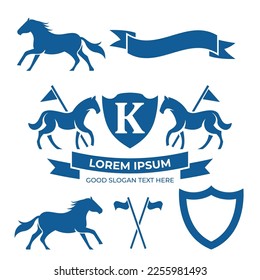 Letter Retro Crest With Shield And Two Horses Vector, heraldic shield with crown, horse silhouette