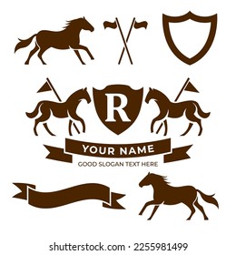 Letter Retro Creme mit Schild und zwei Pferdevektoren, heraldischer Schild mit Kronen, Pferdesilhouette