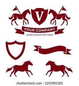 Letter Retro Crest With Shield And Two Horses Vector, heraldic shield with crown, horse silhouette