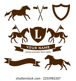 Letter Retro Crest With Shield And Two Horses Vector, heraldic shield with crown, horse silhouette