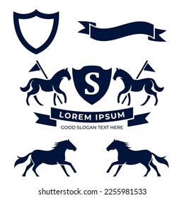Letter Retro Crest With Shield And Two Horses Vector, heraldic shield with crown, horse silhouette