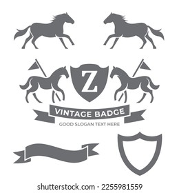 Letter Retro Crest With Shield And Two Horses Vector, heraldic shield with crown, horse silhouette