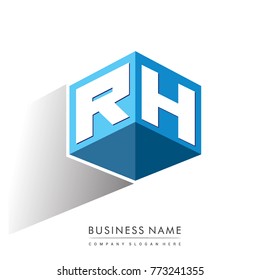 Letter RH logo in hexagon shape and blue background, cube logo with letter design for company identity.
