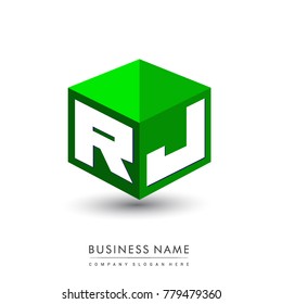 Letter RJ logo in hexagon shape and green background, cube logo with letter design for company identity.
