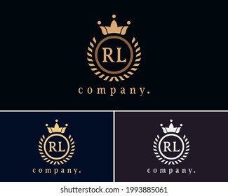 Letter RL, R or, L laurel wreath template logo with a crown. A beautiful symbol for emblem, logo, card, badge, antique, restaurant, cafe, boutique, hotel, heraldic, jewelry, product, or company name.