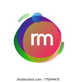 Letter RM logo with colorful splash background, letter combination logo design for creative industry, web, business and company.
