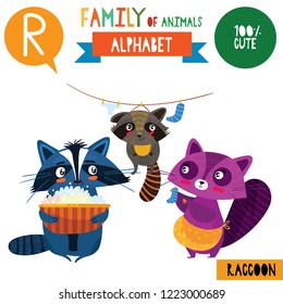 Letter R-Mega big set.Cute vector alphabet with family of animals in cartoon style.